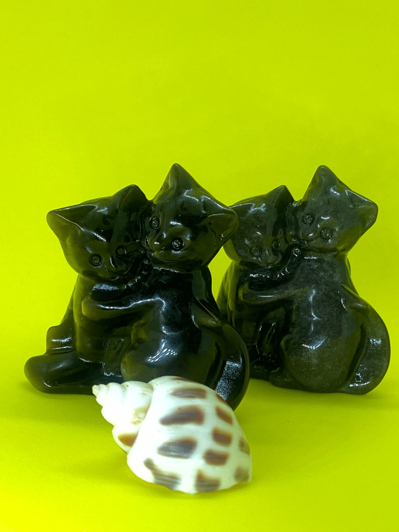 Silver Obsidian Double Cat Carving