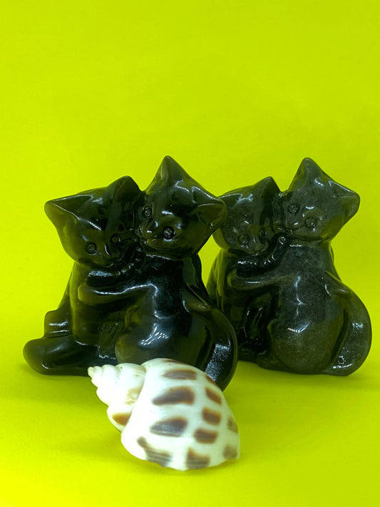 Silver Obsidian Double Cat Carving