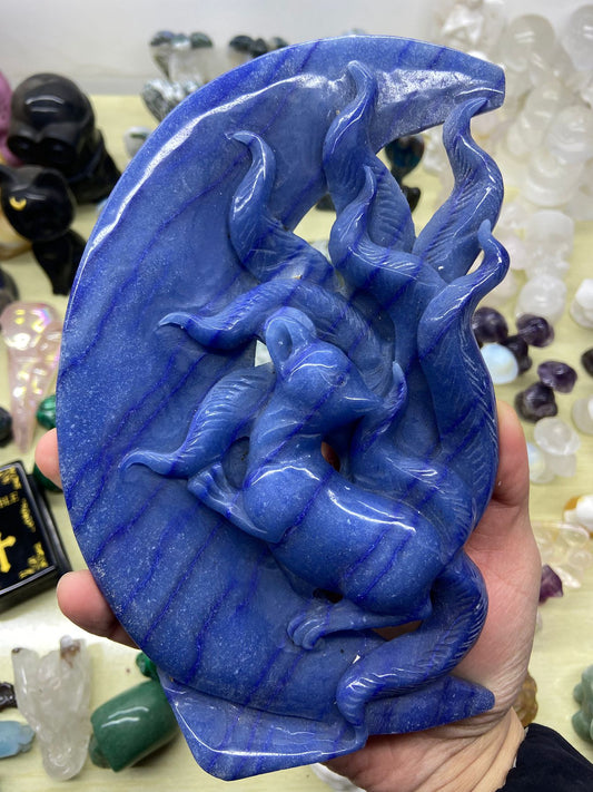 0.71kg Blue Aventurine Nine-tailed Fox on the Moon