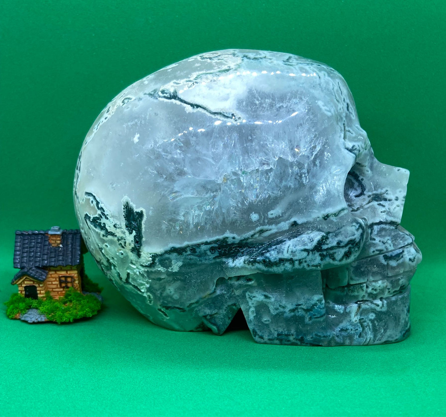 Moss Agate Skull Carving